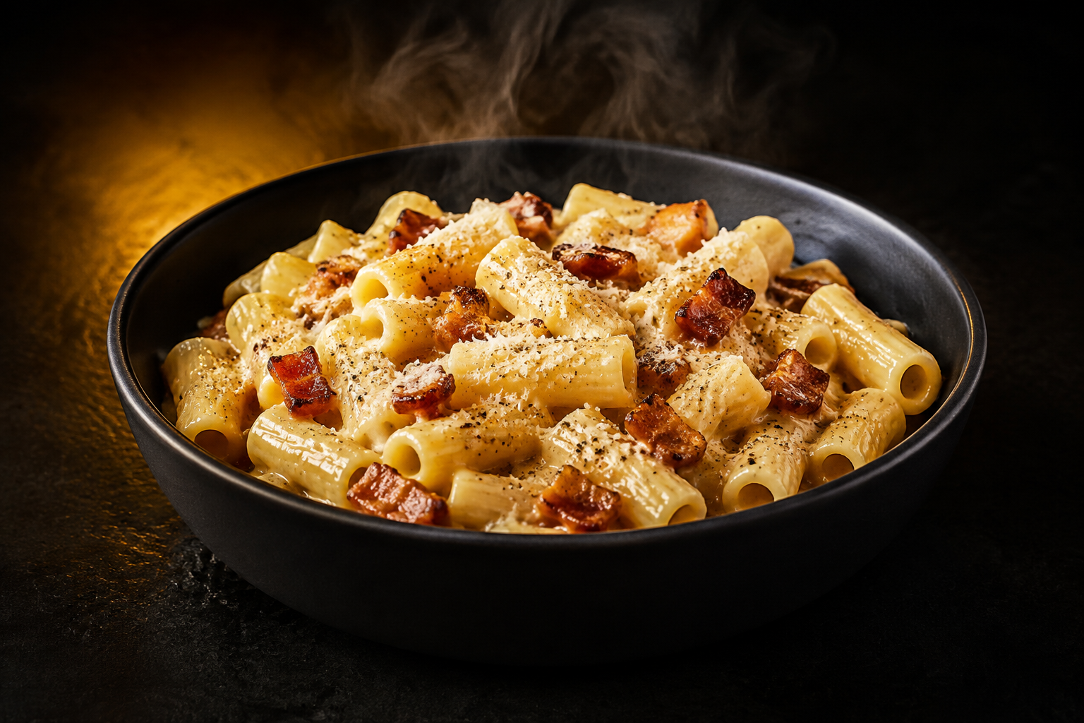 Rigatoni Carbonara avec guanciale et pecorino dans un bol noir