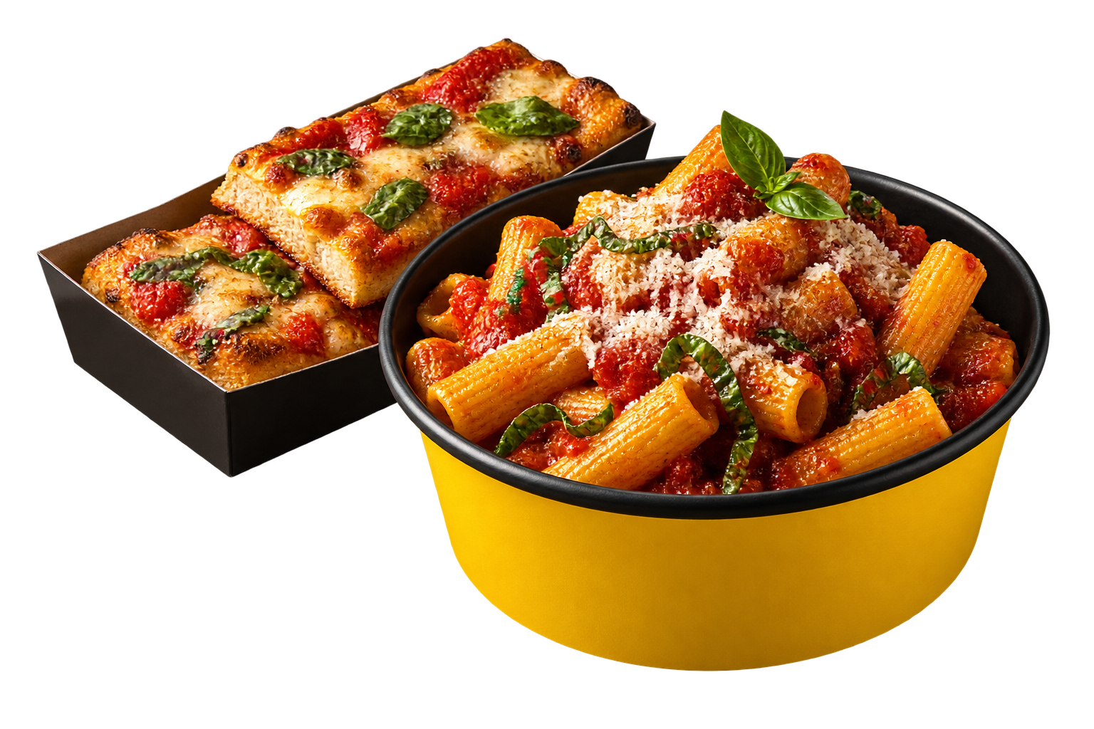 Pâtes à la sauce tomate et pizzas al taglio rectangulaires dans des emballages à emporter jaunes et noirs