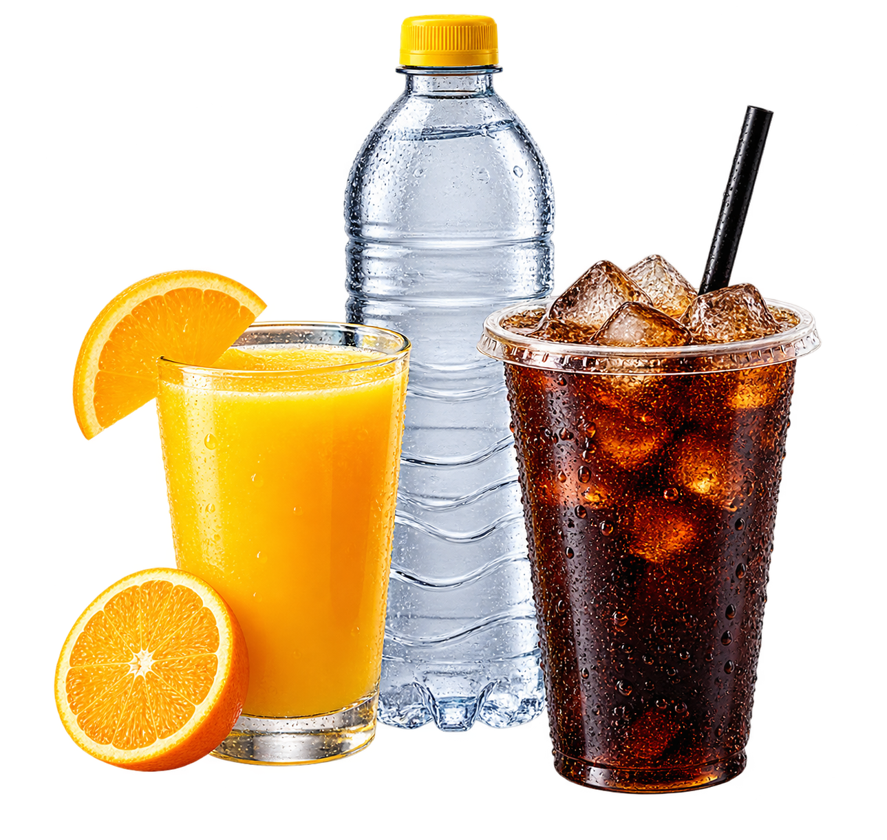 Eau fraîche, jus d’orange et boisson gazeuse servis bien frais